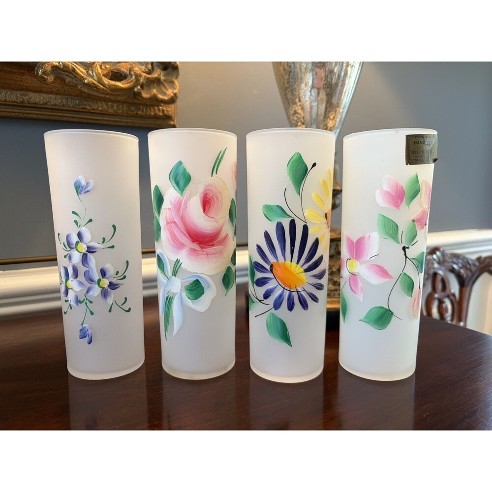 Hansetta Artware Co NY Tall Tom Collins Hand Painted Flowers Frosted Glasses USA